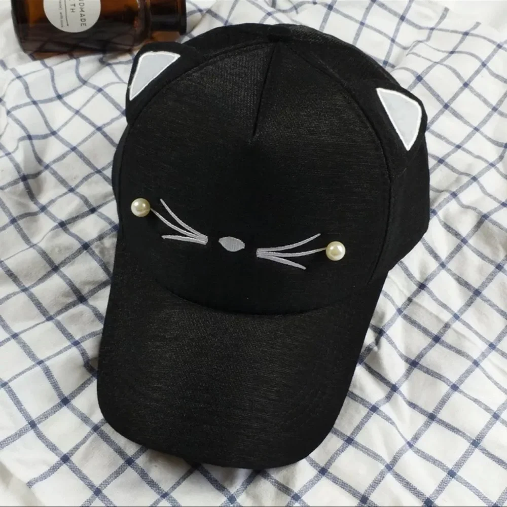 New Gentle Meow Women’s Black Baseball Cat Cap Hat With Whiskers & Ears Polar - Picture 3 of 16